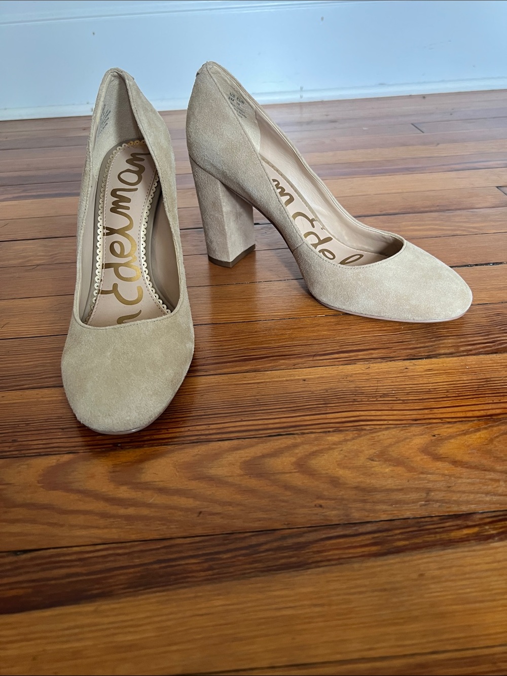 Sam Edelman Stillson Neutral Nude Beige Suede Block Heel Round Toe Pumps Size 8